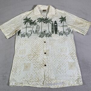 Winnie Fashion Shirt Mens Medium Beige Hawaiian Surf Turtle Short Sleeve‎ Cotton